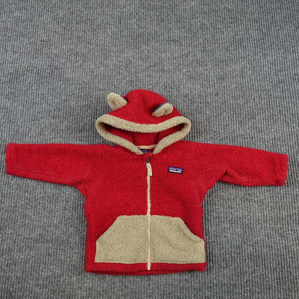 Patagonia Furry Friends Jacket Baby Girls 6-12M Red Hooded Soft Bear Ears 61155